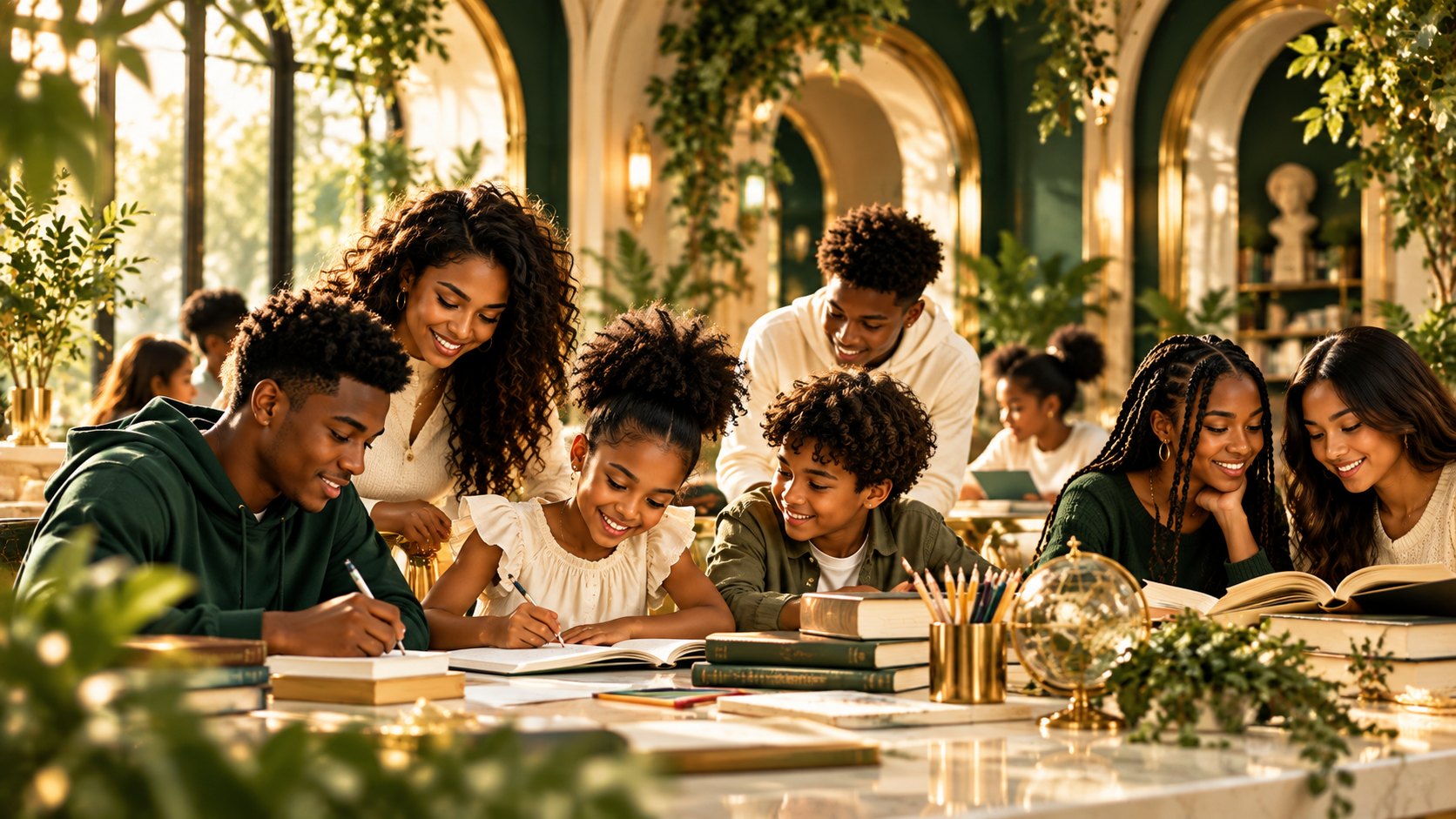 Children and teenagers learning with guidance